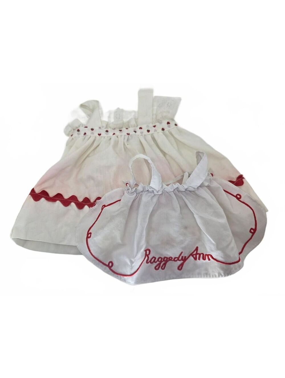 Vintage Raggedy Ann Doll Clothing Set White Dress & Embroidered Apron Pinafore